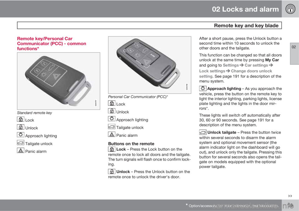 VOLVO XC60 2013  Owner´s Manual 02 Locks and alarm
 Remote key and key blade
02

* Option/accessory, for more information, see Introduction.59 Remote key/Personal Car
Communicator (PCC) - common
functions*
Standard remote key
 Loc