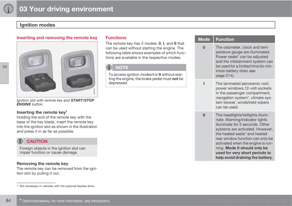 VOLVO XC60 2013  Owner´s Manual 03 Your driving environment
Ignition modes 
03
84* Option/accessory, for more information, see Introduction.
Inserting and removing the remote key
Ignition slot with remote key and START/STOP
ENGINE b