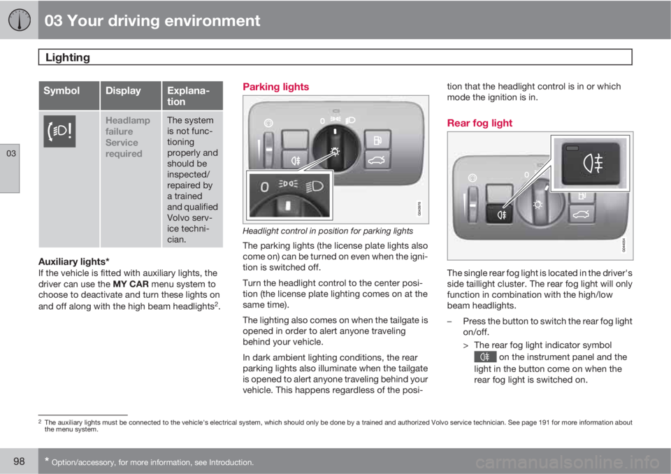 VOLVO XC60 2013 Owner´s Manual 03 Your driving environment
Lighting
03
98* Option/accessory, for more information, see Introduction.
SymbolDisplayExplana-
tion
Headlamp
failure
Service
requiredThe system
is not func-
tioning
prope VOLVO XC60 2013 Owner´s Manual 03 Your driving environment
Lighting
03
98* Option/accessory, for more information, see Introduction.
SymbolDisplayExplana-
tion
Headlamp
failure
Service
requiredThe system
is not func-
tioning
prope