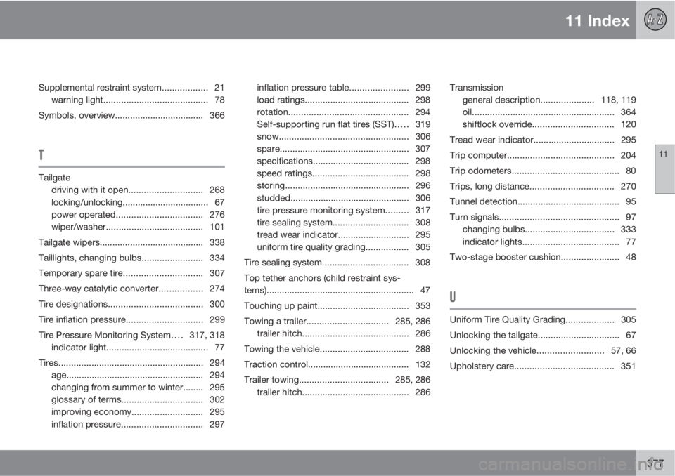 VOLVO XC70 2013  Owner´s Manual 11 Index
11
377
Supplemental restraint system.................. 21
warning light......................................... 78
Symbols, overview................................... 366
T
Tailgate
driving