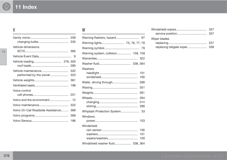 VOLVO XC70 2013  Owner´s Manual 11 Index
11
378
V
Vanity mirror............................................ 209
changing bulbs................................... 335
Vehicle dimensions
XC70...........................................