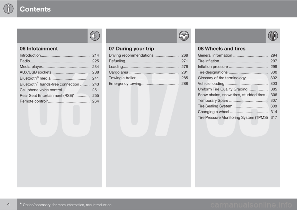 VOLVO XC70 2013  Owner´s Manual Contents
4* Option/accessory, for more information, see Introduction.
06
06 Infotainment
Introduction............................................. 214
Radio............................................