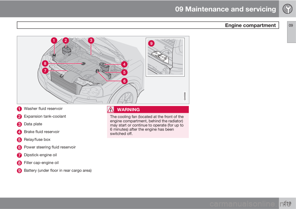 VOLVO XC90 2013 Owner´s Manual 09 Maintenance and servicing
Engine compartment09
219
Washer fluid reservoir
Expansion tank-coolant
Data plate
Brake fluid reservoir
Relay/fuse box
Power steering fluid reservoir
Dipstick-engine oil
VOLVO XC90 2013 Owner´s Manual 09 Maintenance and servicing
Engine compartment09
219
Washer fluid reservoir
Expansion tank-coolant
Data plate
Brake fluid reservoir
Relay/fuse box
Power steering fluid reservoir
Dipstick-engine oil