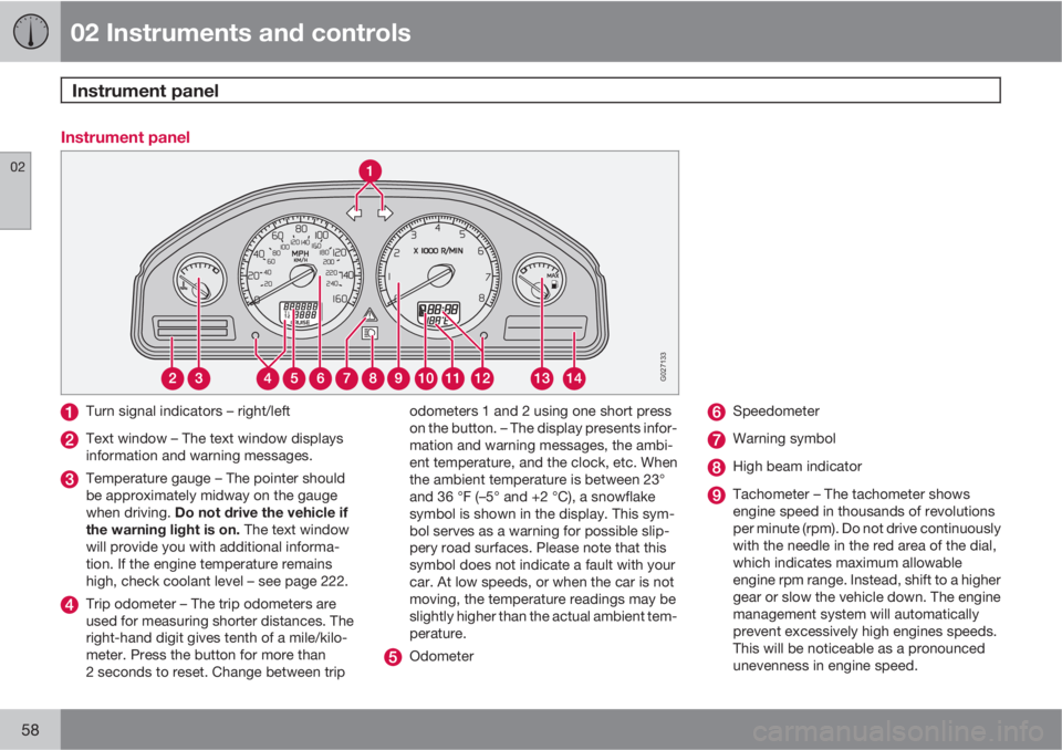 VOLVO XC90 2013  Owner´s Manual 02 Instruments and controls
Instrument panel 
02
58
Instrument panel
G027133
Turn signal indicators – right/left
Text window – The text window displays
information and warning messages.
Temperatur