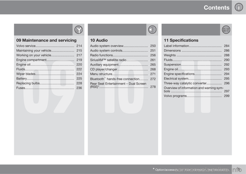 VOLVO XC90 2013  Owner´s Manual Contents
* Option/accessory, for more information, see Introduction.5
09
09 Maintenance and servicing
Volvo service........................................... 214
Maintaining your vehicle.............