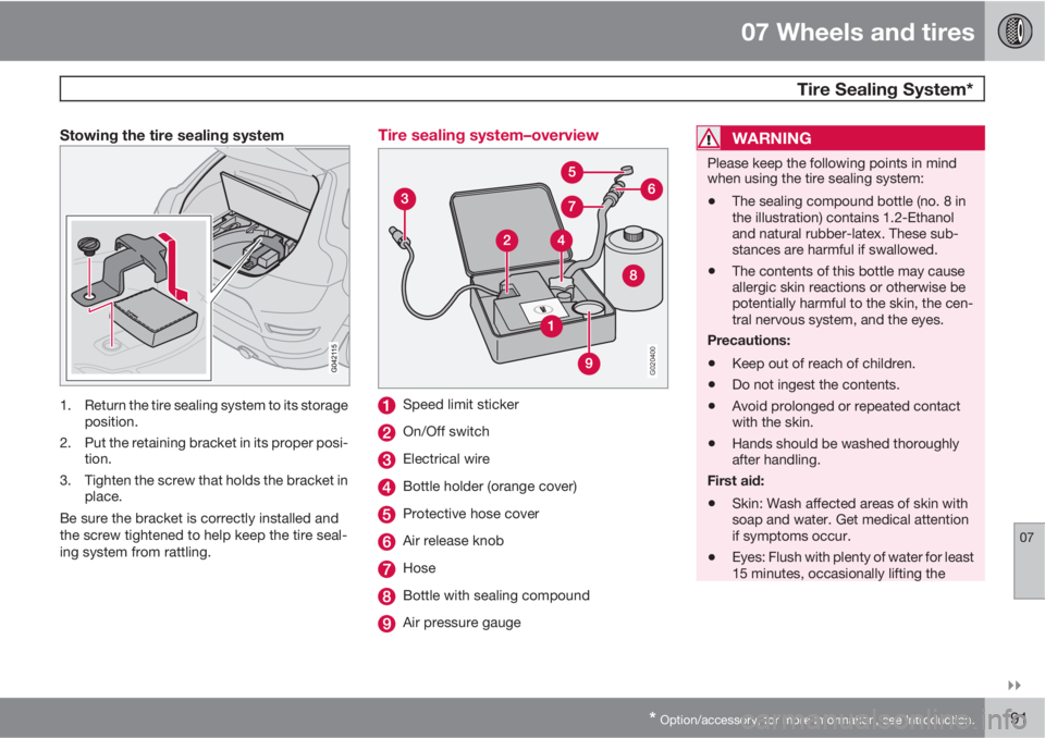 VOLVO C30 2012  Owner´s Manual 07 Wheels and tires
 Tire Sealing System*
07

* Option/accessory, for more information, see Introduction.191
Stowing the tire sealing system
1. Return the tire sealing system to its storage
position