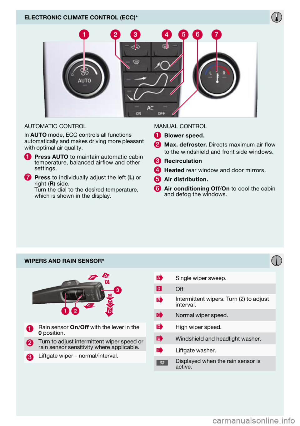 VOLVO C30 2012  Quick Guide 
aUToMaTiC CoNTrol
in 
auto mode,  eCC controls all functions automatically and makes driving more pleasant with optimal air quality.
1  press auto to maintain automatic cabin temperature, balanced ai