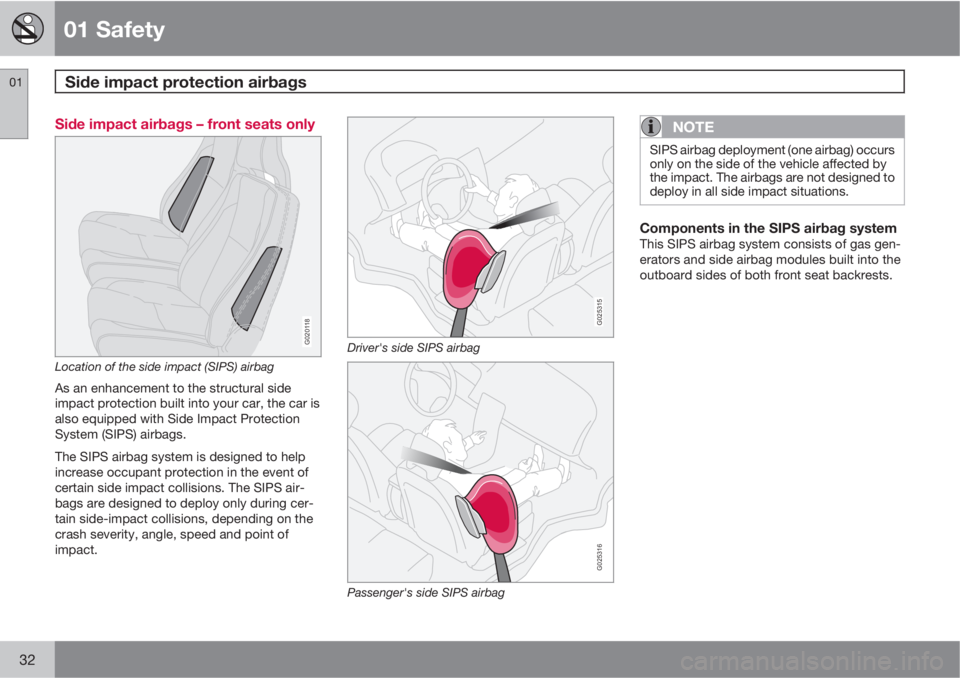 VOLVO C70 2012  Owner´s Manual 01 Safety
Side impact protection airbags 01
32
Side impact airbags – front seats only
G020118
Location of the side impact (SIPS) airbag
As an enhancement to the structural side
impact protection bui