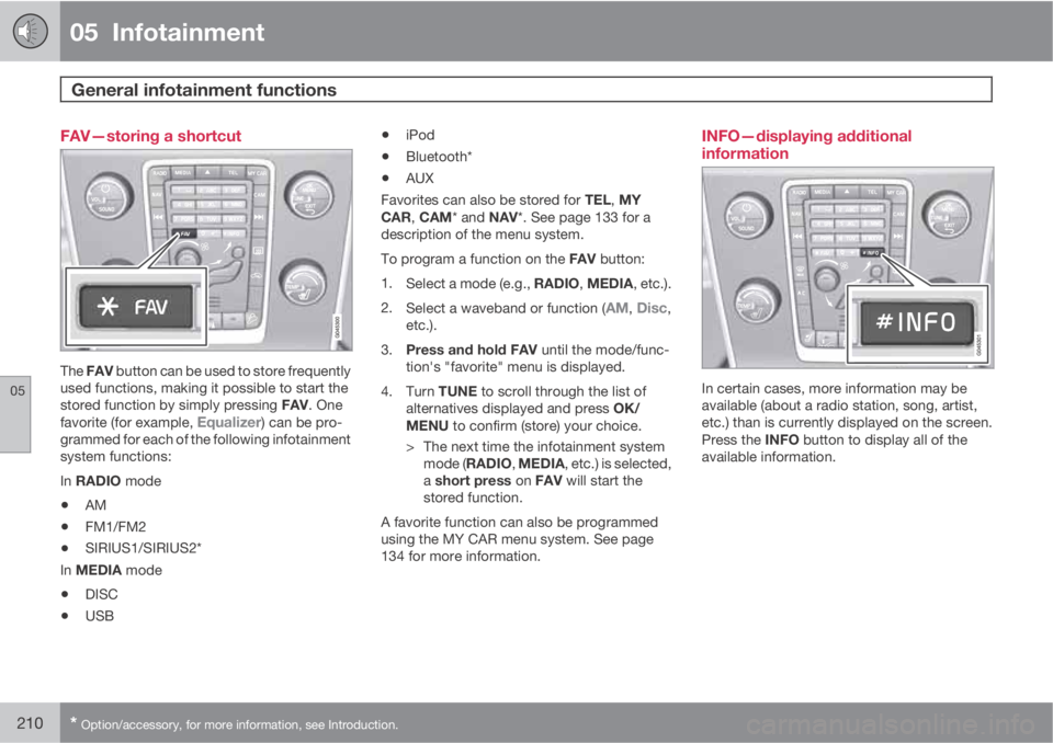 VOLVO S60 2012  Owner´s Manual 05  Infotainment
General infotainment functions  
05
210* Option/accessory, for more information, see Introduction.
FAV—storing a shortcut
The FAV button can be used to store frequently
used functio