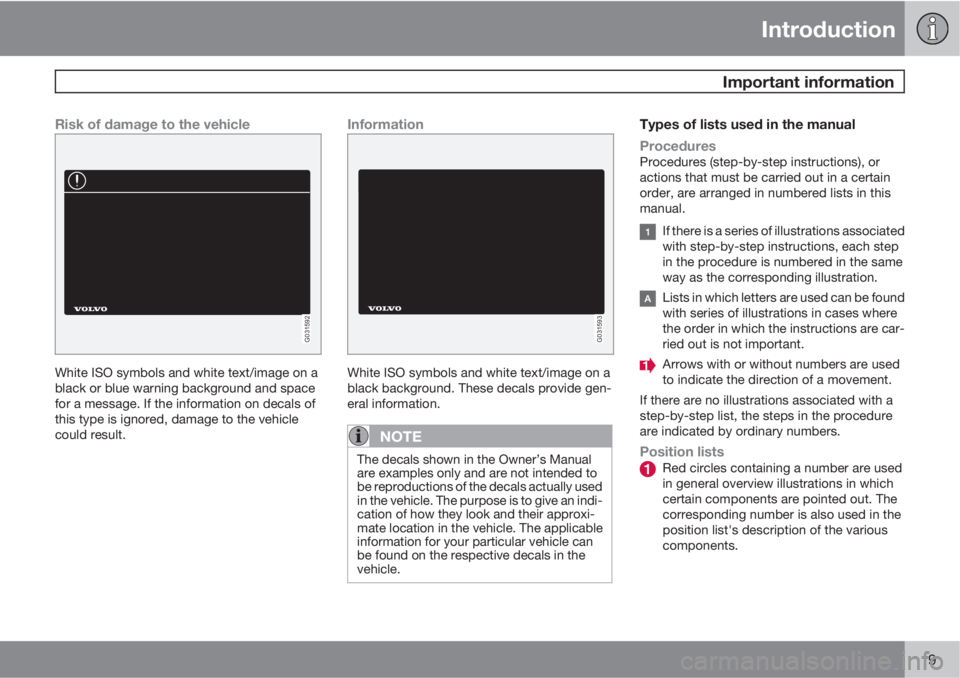 VOLVO S60 2012  Owner´s Manual Introduction
 Important information
9
Risk of damage to the vehicle
G031592
White ISO symbols and white text/image on a
black or blue warning background and space
for a message. If the information on 