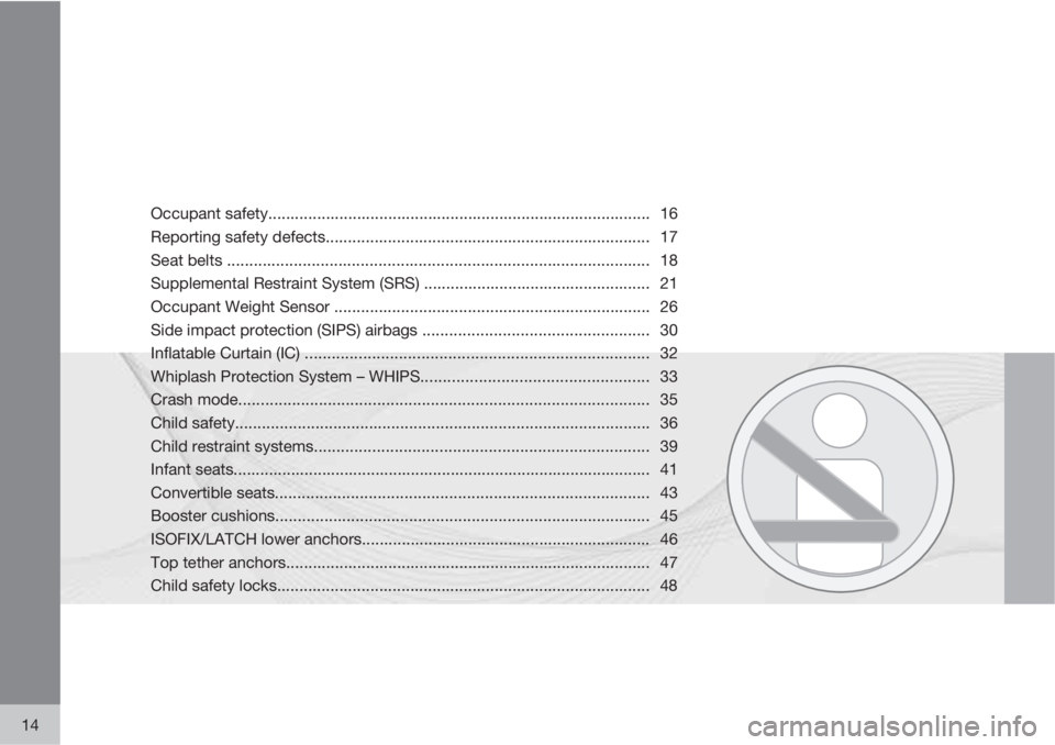 VOLVO S80 2012  Owner´s Manual 14
Occupant safety...................................................................................... 16
Reporting safety defects....................................................................
