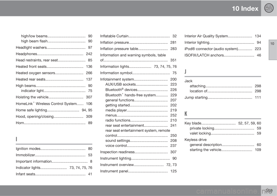VOLVO S80 2012  Owner´s Manual 10 Index
10
359
high/low beams.................................... 90
high beam flash.................................... 90
Headlight washers..................................... 97
Headphones.......