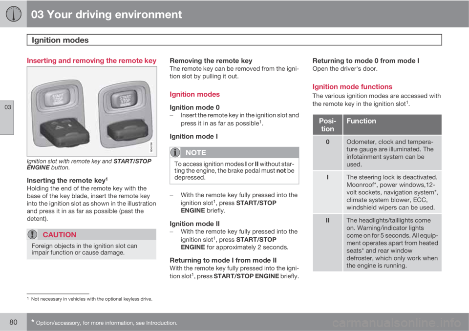 VOLVO S80 2012  Owner´s Manual 03 Your driving environment
Ignition modes 
03
80* Option/accessory, for more information, see Introduction.
Inserting and removing the remote key
Ignition slot with remote key and START/STOP
ENGINE b