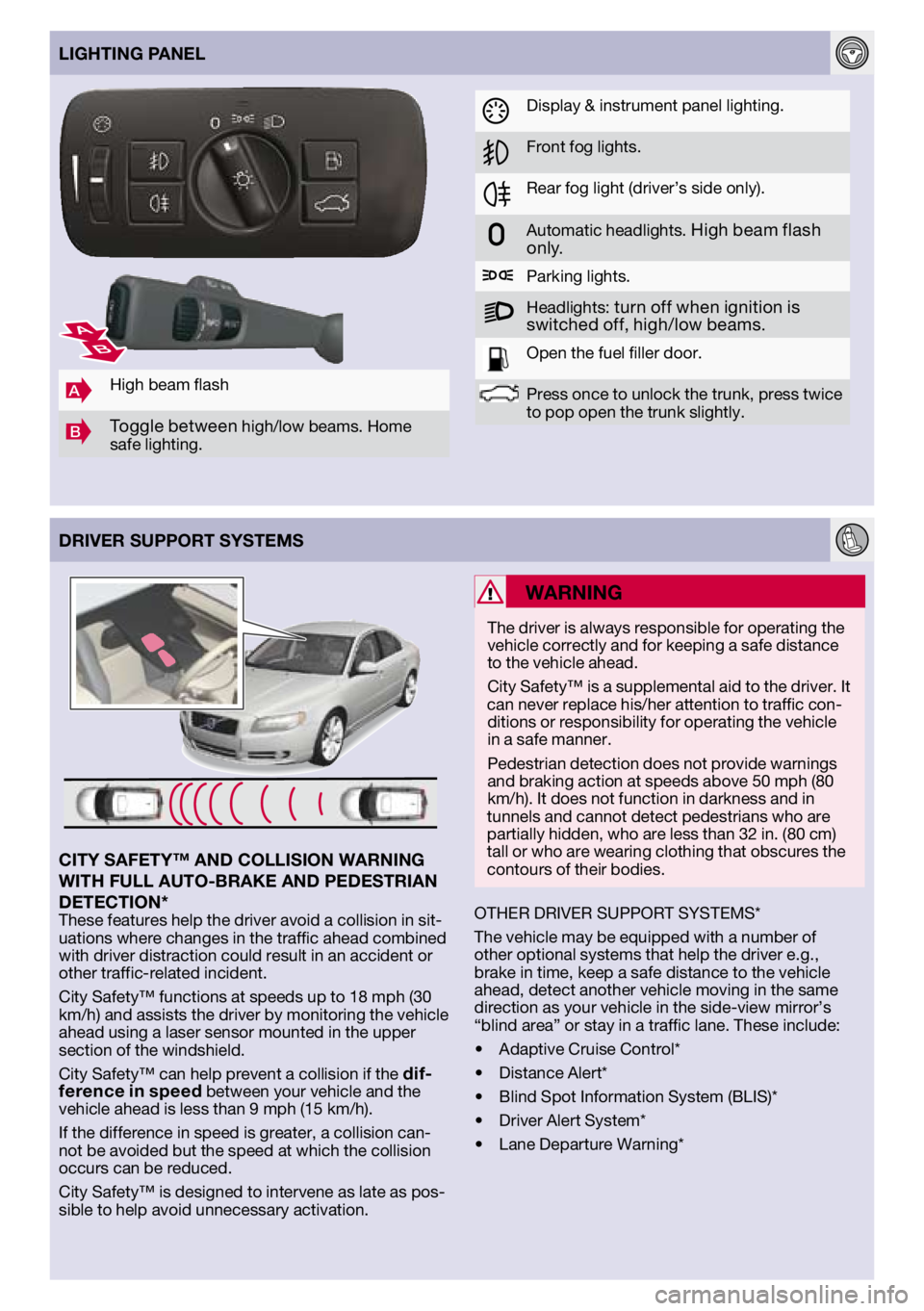 VOLVO S80 2012  Quick Guide 
DRIvER SuPPORT SYSTEMS
AHigh	beam	 flash
BToggle	 between high/low	 beams.	Home	
safe	 lighting.
lIGHTING PANEl
CITY SAFETY™ AND COllISION WARNING 
WITH Full AuTO-BRAKE AND PEDESTRIAN 
DETECTION*
T