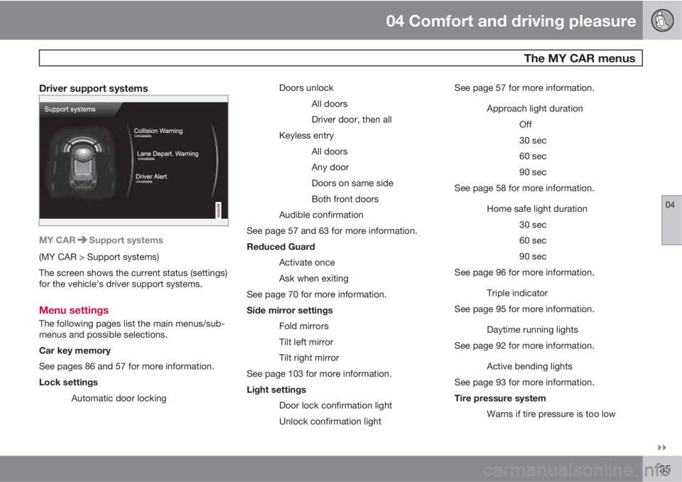VOLVO XC60 2012  Owner´s Manual 04 Comfort and driving pleasure
 The MY CAR menus
04

135
Driver support systems
MY CARSupport systems
(MY CAR > Support systems)
The screen shows the current status (settings)
for the vehicle's