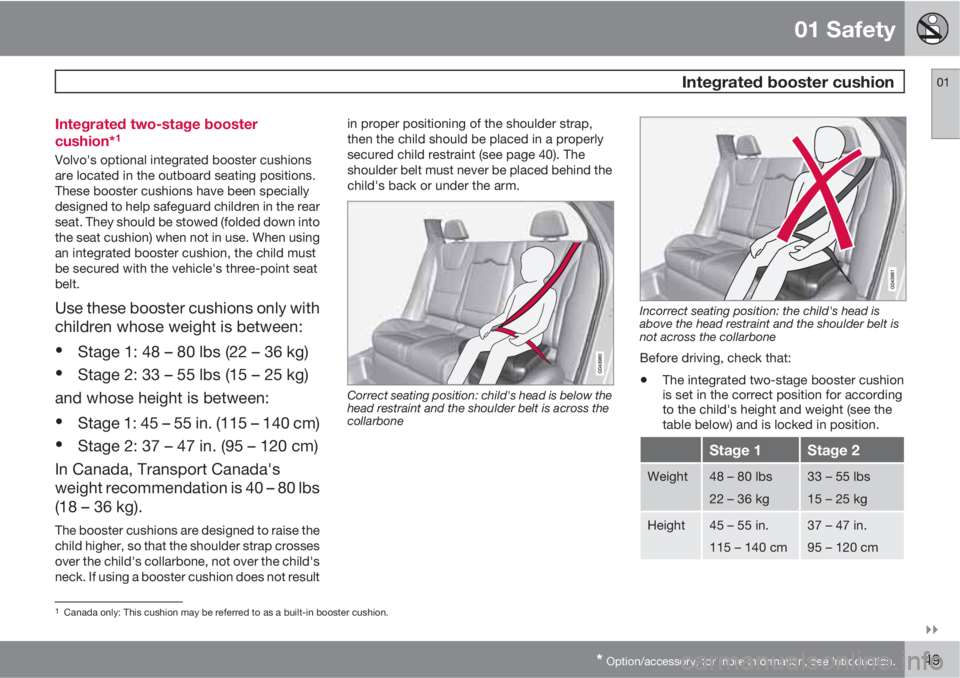 VOLVO XC60 2012  Owner´s Manual 01 Safety
 Integrated booster cushion01

* Option/accessory, for more information, see Introduction.49 Integrated two-stage booster
cushion*
1
Volvo's optional integrated booster cushions
are lo