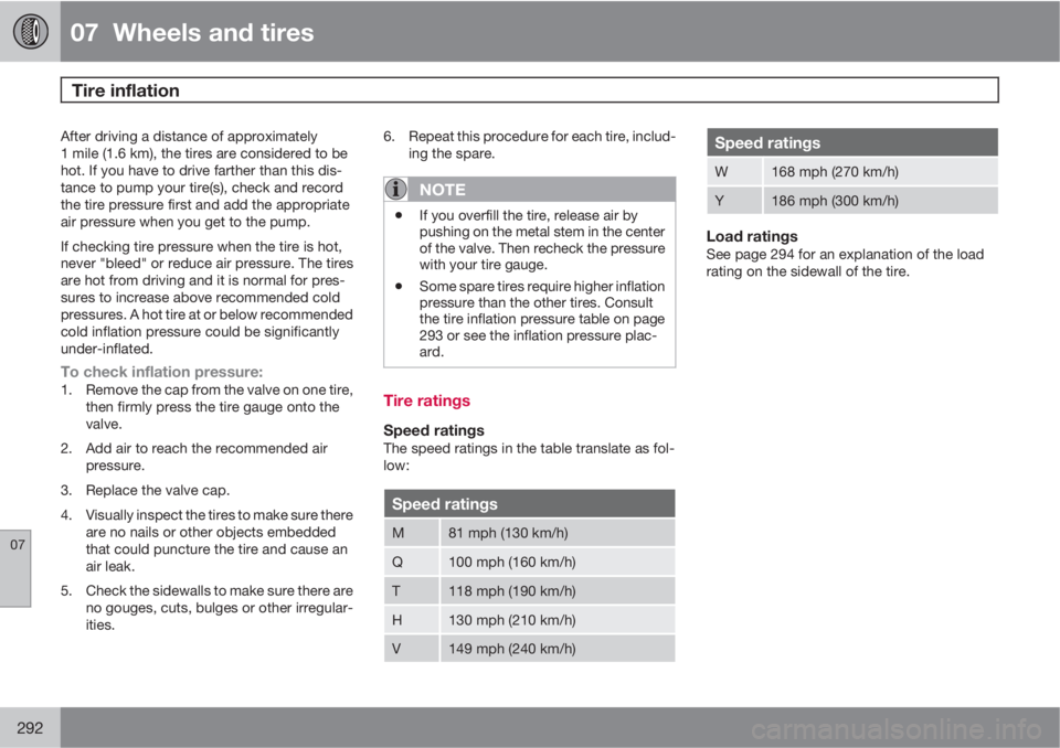 VOLVO XC70 2012  Owner´s Manual 07  Wheels and tires
Tire inflation 
07
292
After driving a distance of approximately
1 mile (1.6 km), the tires are considered to be
hot. If you have to drive farther than this dis-
tance to pump you