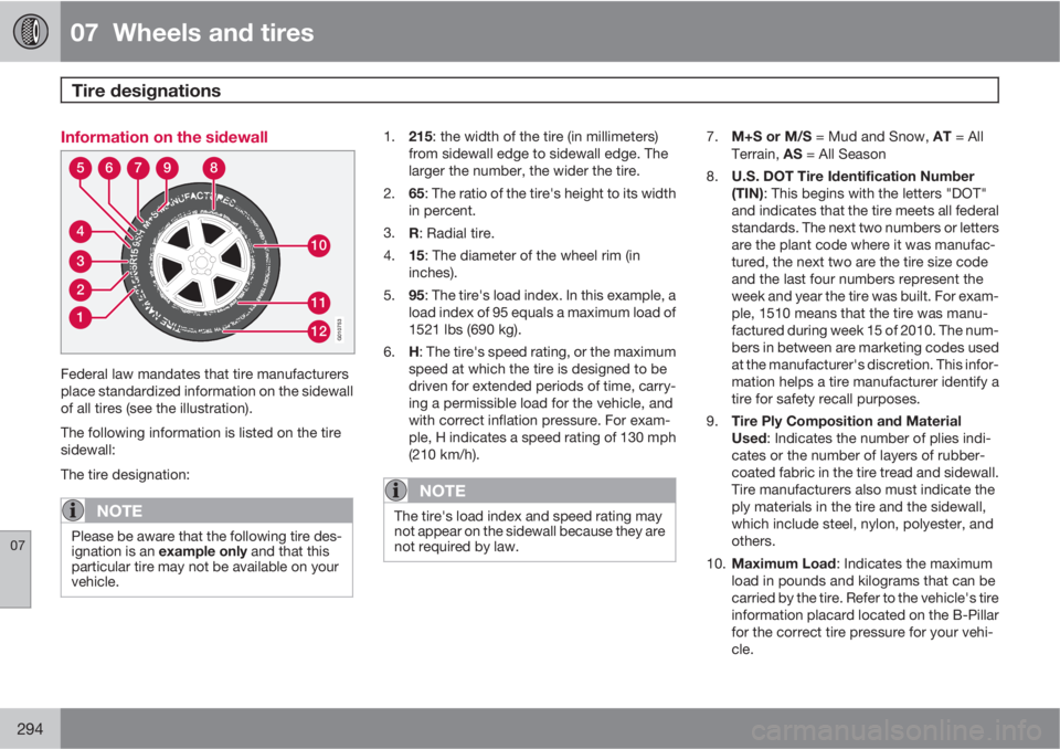 VOLVO XC70 2012  Owner´s Manual 07  Wheels and tires
Tire designations  
07
294
Information on the sidewall
310
11
12
4
56789
2
1
G010753
Federal law mandates that tire manufacturers
place standardized information on the sidewall
of