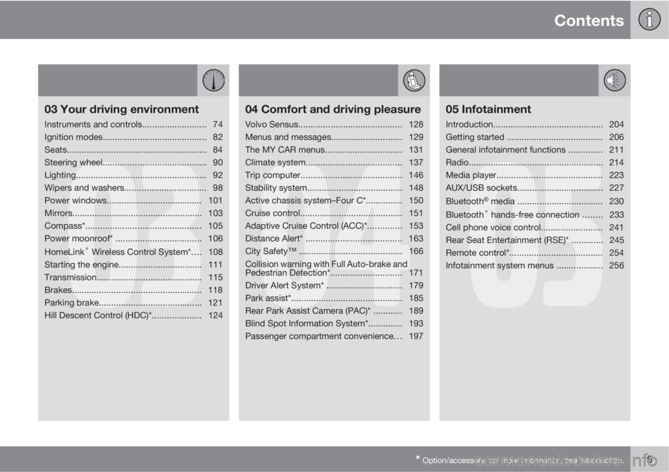 VOLVO XC70 2012  Owner´s Manual Contents
* Option/accessory, for more information, see Introduction.5
03
03 Your driving environment
Instruments and controls.......................... 74
Ignition modes...............................