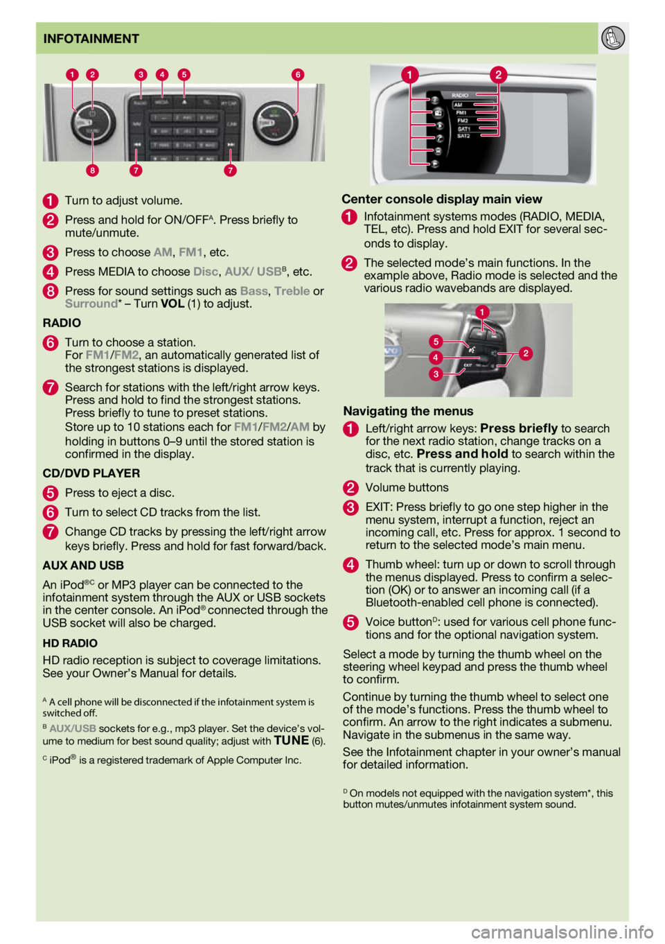 VOLVO XC70 2012  Quick Guide 
on 
1	 Turn	to	adjust	 volume.	
2	 Press	 and	hold	 for	ON/OFFA.	Press	 briefly	 to	mute/unmute.
3	 Press	 to	choose	AM,	FM1,	etc.
4	 Press	 MEDIA	 to	choose	Disc,	AuX/  uSBB,	etc.
8	 Press	 for	soun