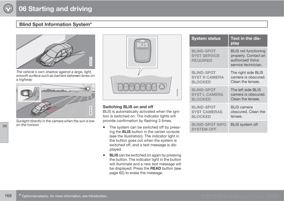 VOLVO XC90 2012  Owner´s Manual 06 Starting and driving
Blind Spot Information System* 
06
168* Option/accessory, for more information, see Introduction.
G018177
The vehicle's own shadow against a large, light,
smooth surface su