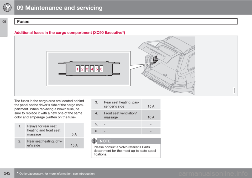 VOLVO XC90 2012  Owner´s Manual 09 Maintenance and servicing
Fuses 09
242* Option/accessory, for more information, see Introduction.
Additional fuses in the cargo compartment (XC90 Executive*)
G031532
The fuses in the cargo area are
