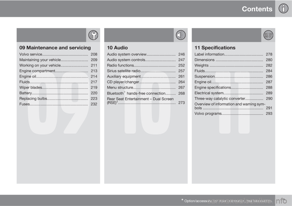 VOLVO XC90 2012  Owner´s Manual Contents
* Option/accessory, for more information, see Introduction.7
09
09 Maintenance and servicing
Volvo service........................................... 208
Maintaining your vehicle.............