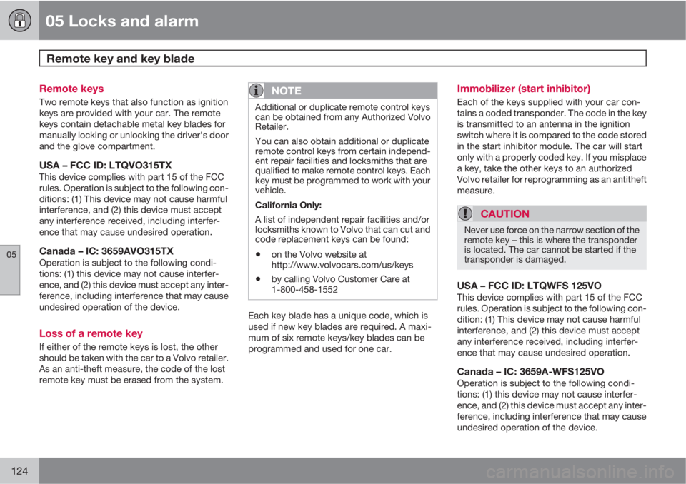 VOLVO C30 2011  Owner´s Manual 05 Locks and alarm
Remote key and key blade 
05
124
Remote keys
Two remote keys that also function as ignition
keys are provided with your car. The remote
keys contain detachable metal key blades for
