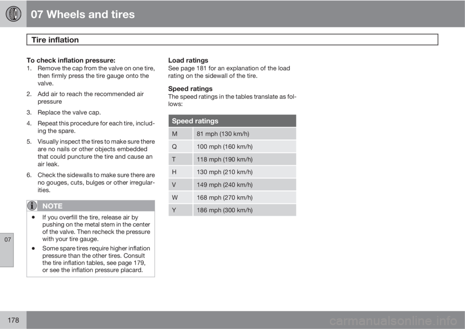 VOLVO C30 2011  Owner´s Manual 07 Wheels and tires
Tire inflation 
07
178
To check inflation pressure:1. Remove the cap from the valve on one tire,
then firmly press the tire gauge onto the
valve.
2. Add air to reach the recommende