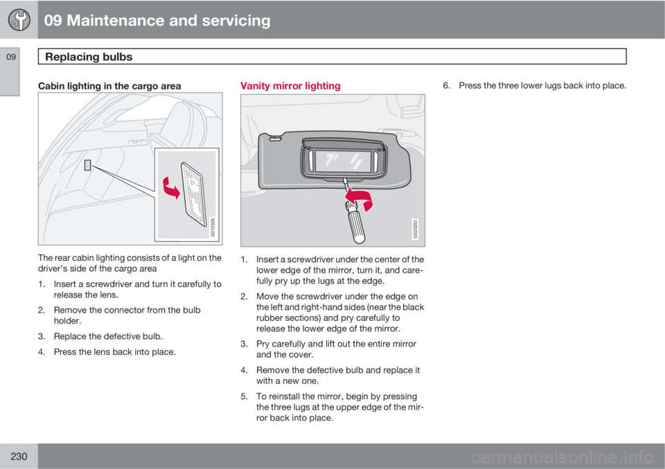 VOLVO C30 2011  Owner´s Manual 09 Maintenance and servicing
Replacing bulbs 09
230
Cabin lighting in the cargo area
G010326
The rear cabin lighting consists of a light on the
driver’s side of the cargo area
1. Insert a screwdrive