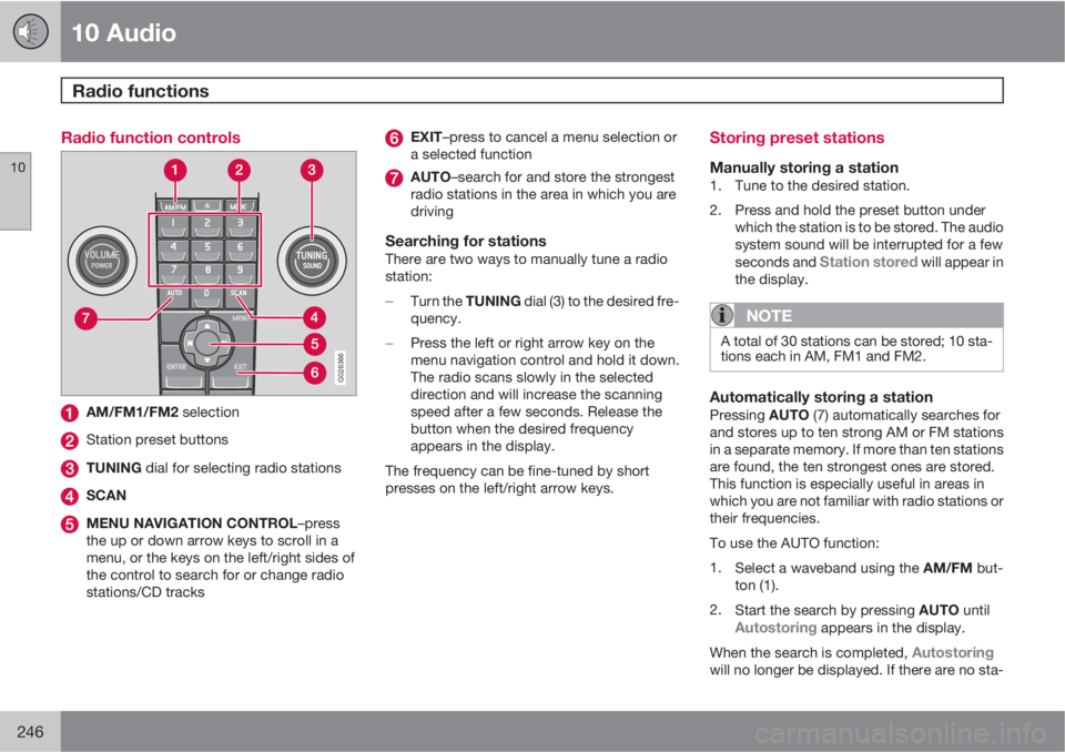 VOLVO C30 2011  Owner´s Manual 10 Audio
Radio functions 
10
246
Radio function controls
G026366
AM/FM1/FM2 selection
Station preset buttons
TUNING dial for selecting radio stations
SCAN
MENU NAVIGATION CONTROL–press
the up or dow