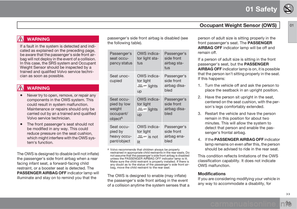 VOLVO C30 2011  Owner´s Manual 01 Safety
 Occupant Weight Sensor (OWS)01

29
WARNING
If a fault in the system is detected and indi-
cated as explained on the preceding page,
be aware that the passenger's side front air-
bag w