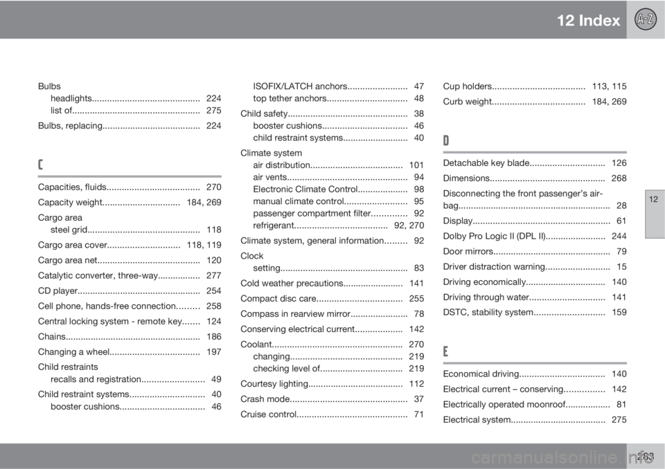 VOLVO C30 2011  Owner´s Manual 12 Index
12
283
Bulbs
headlights........................................... 224
list of................................................... 275
Bulbs, replacing....................................... 2