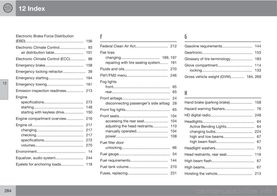 VOLVO C30 2011  Owner´s Manual 12 Index
12
284
Electronic Brake Force Distribution
(EBD)........................................................ 156
Electronic Climate Control......................... 93
air distribution table.....
