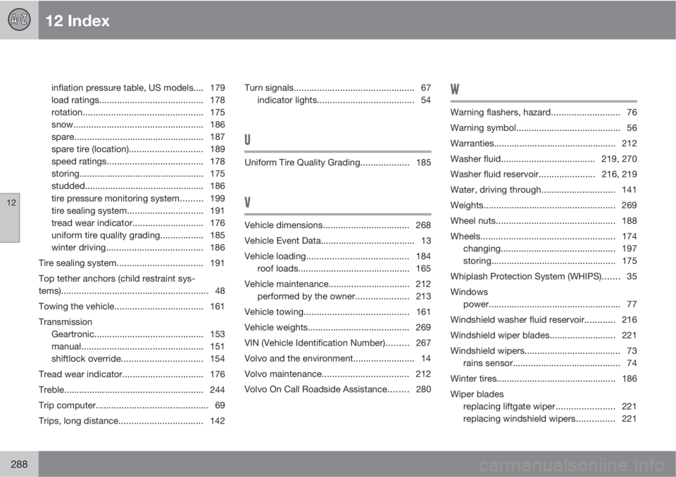 VOLVO C30 2011  Owner´s Manual 12 Index
12
288
inflation pressure table, US models.... 179
load ratings......................................... 178
rotation............................................... 175
snow..................
