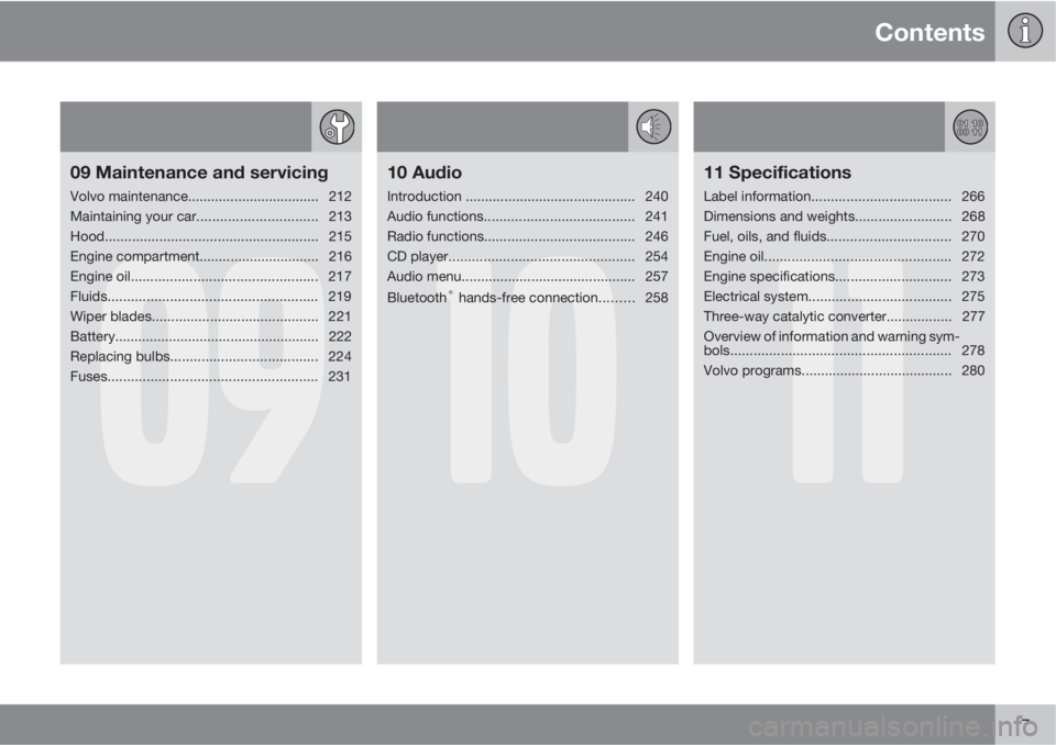 VOLVO C30 2011  Owner´s Manual Contents
7
09
09 Maintenance and servicing
Volvo maintenance.................................. 212
Maintaining your car............................... 213
Hood.........................................