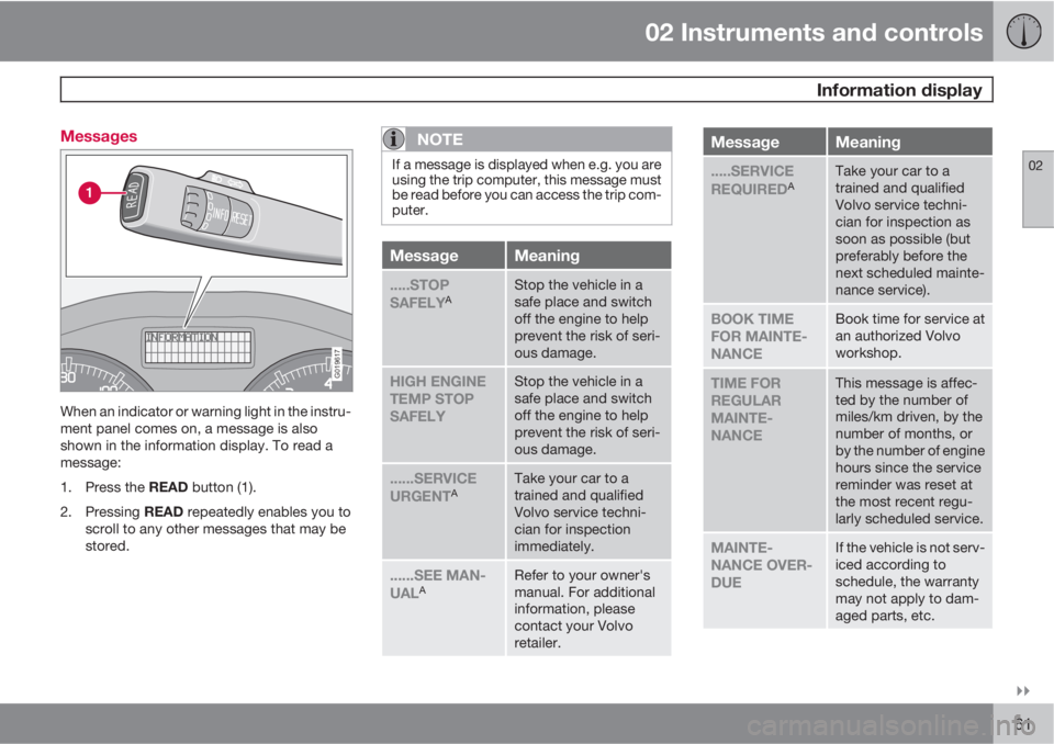 VOLVO C30 2011  Owner´s Manual 02 Instruments and controls
 Information display
02

61 Messages
G019617
When an indicator or warning light in the instru-
ment panel comes on, a message is also
shown in the information display. To