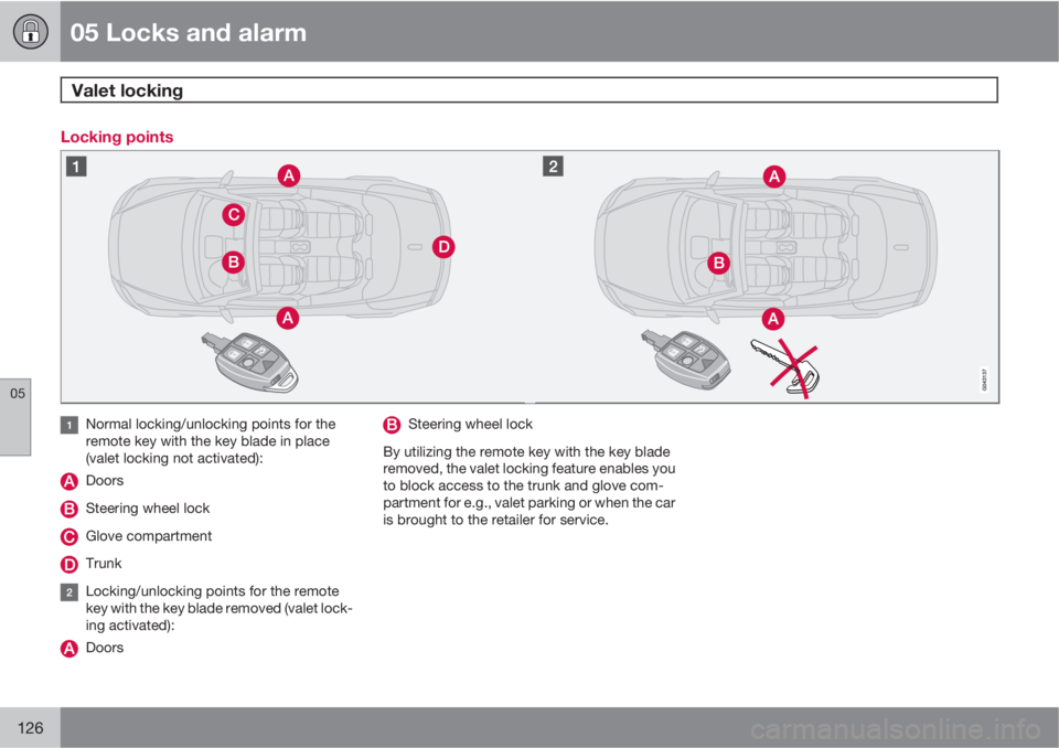 VOLVO C70 2011  Owner´s Manual 05 Locks and alarm
Valet locking  
05
126
Locking points
Normal locking/unlocking points for the
remote key with the key blade in place
(valet locking not activated):
Doors
Steering wheel lock
Glove c