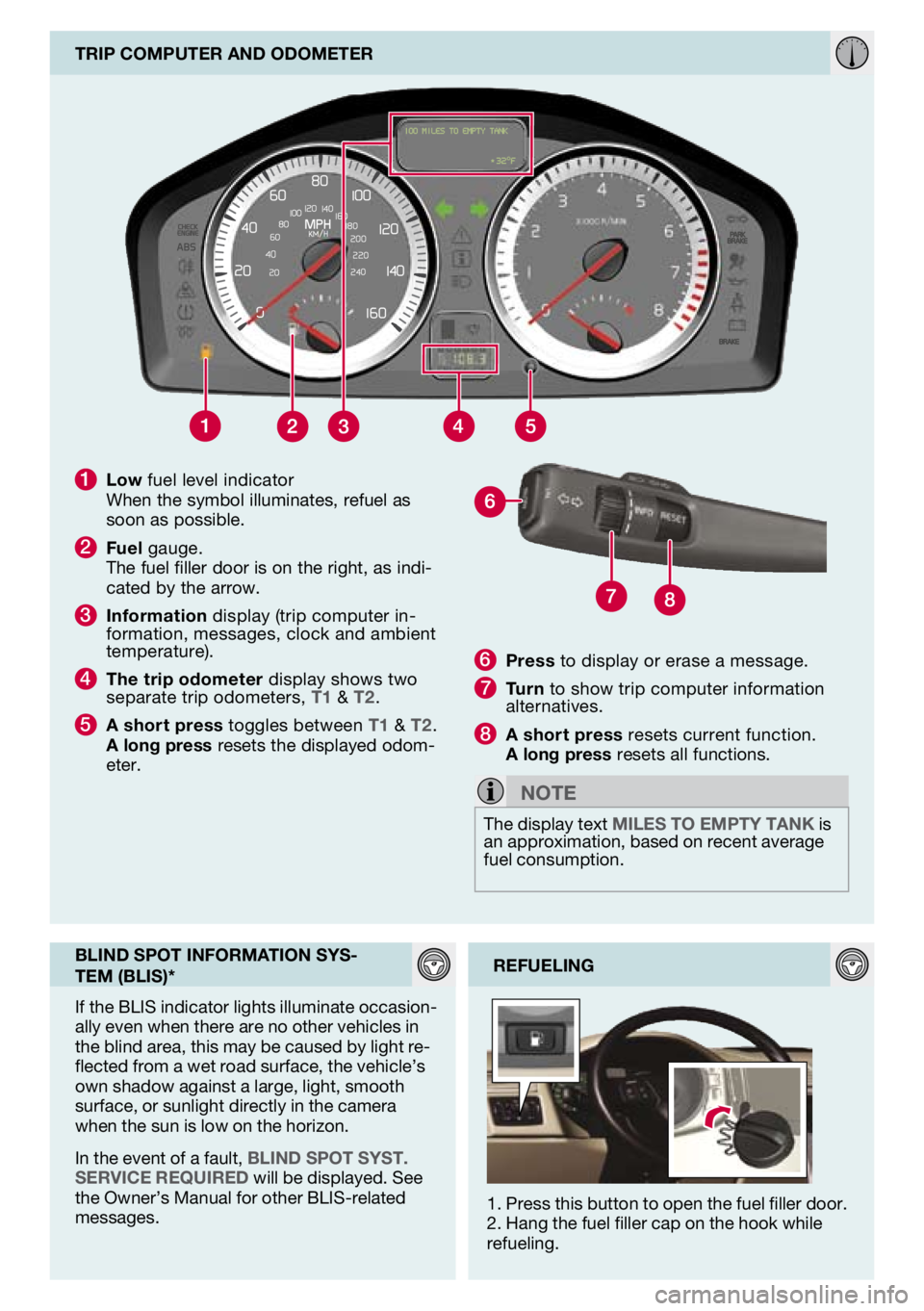 VOLVO C70 2011  Quick Guide 
1
  low fuel level indicator When the symbol illuminates, refuel as soon as possible.
2 Fuel gauge. 
the fuel filler door is on the right, as indi-cated by the arrow.
3  Information display (trip com