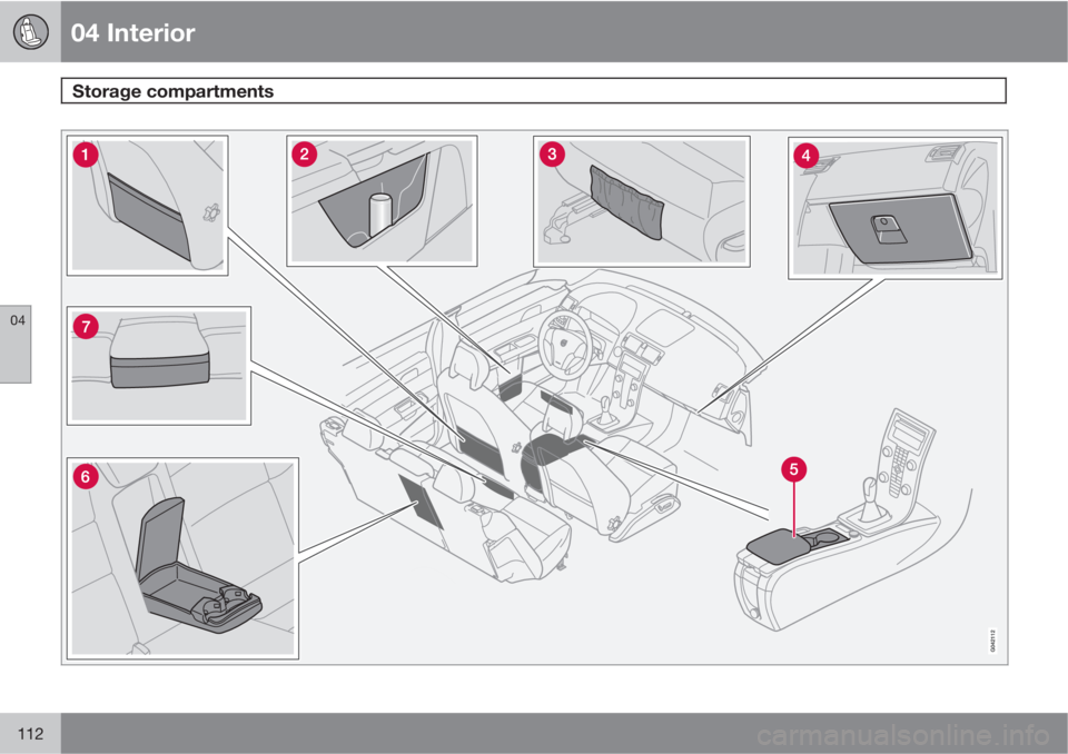 VOLVO S40 2011  Owner´s Manual 04 Interior
Storage compartments 
04
112 