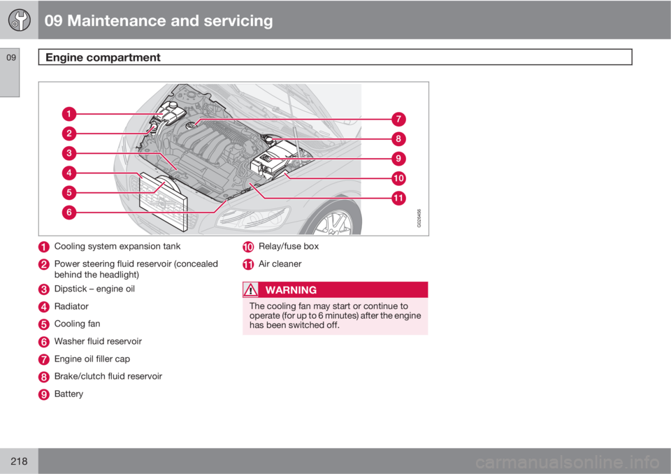 VOLVO S40 2011  Owner´s Manual 09 Maintenance and servicing
Engine compartment 09
218
G026456
Cooling system expansion tank
Power steering fluid reservoir (concealed
behind the headlight)
Dipstick – engine oil
Radiator
Cooling fa