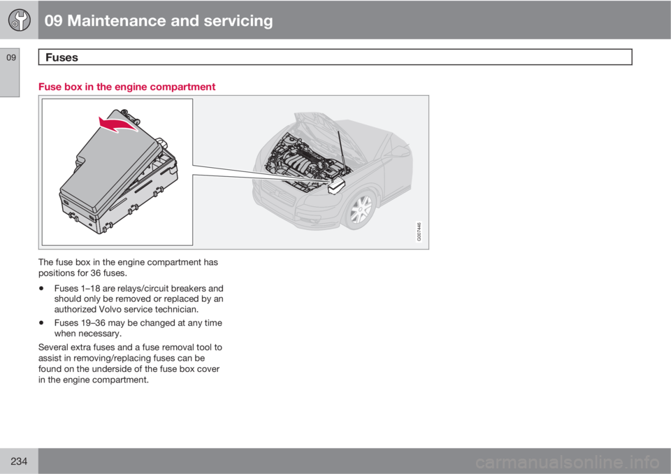 VOLVO S40 2011  Owner´s Manual 09 Maintenance and servicing
Fuses 09
234
Fuse box in the engine compartment
G007446
The fuse box in the engine compartment has
positions for 36 fuses.
•Fuses 1–18 are relays/circuit breakers and
