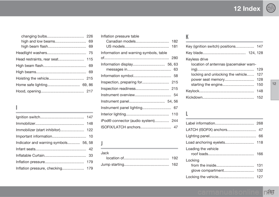 VOLVO S40 2011  Owner´s Manual 12 Index
12
287
changing bulbs................................... 226
high and low beams............................. 69
high beam flash.................................... 69
Headlight washers.......