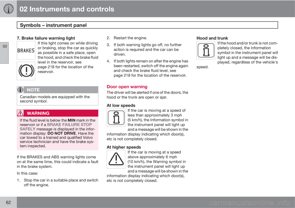 VOLVO S40 2011  Owner´s Manual 02 Instruments and controls
Symbols – instrument panel 
02
62
7. Brake failure warning lightIf this light comes on while driving
or braking, stop the car as quickly
as possible in a safe place, open