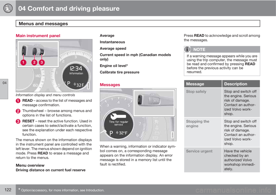 VOLVO S60 2011  Owner´s Manual 04 Comfort and driving pleasure
Menus and messages 
04
122* Option/accessory, for more information, see Introduction.
Main instrument panel
G022908
Information display and menu controls
READ – acces
