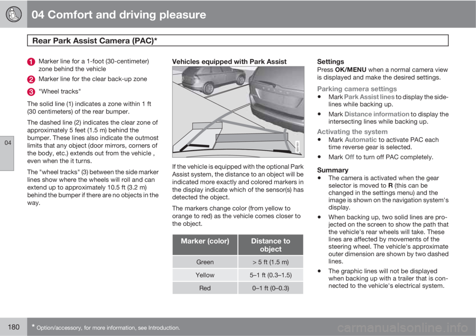 VOLVO S60 2011  Owner´s Manual 04 Comfort and driving pleasure
Rear Park Assist Camera (PAC)*  
04
180* Option/accessory, for more information, see Introduction.
Marker line for a 1-foot (30-centimeter)
zone behind the vehicle
Mark