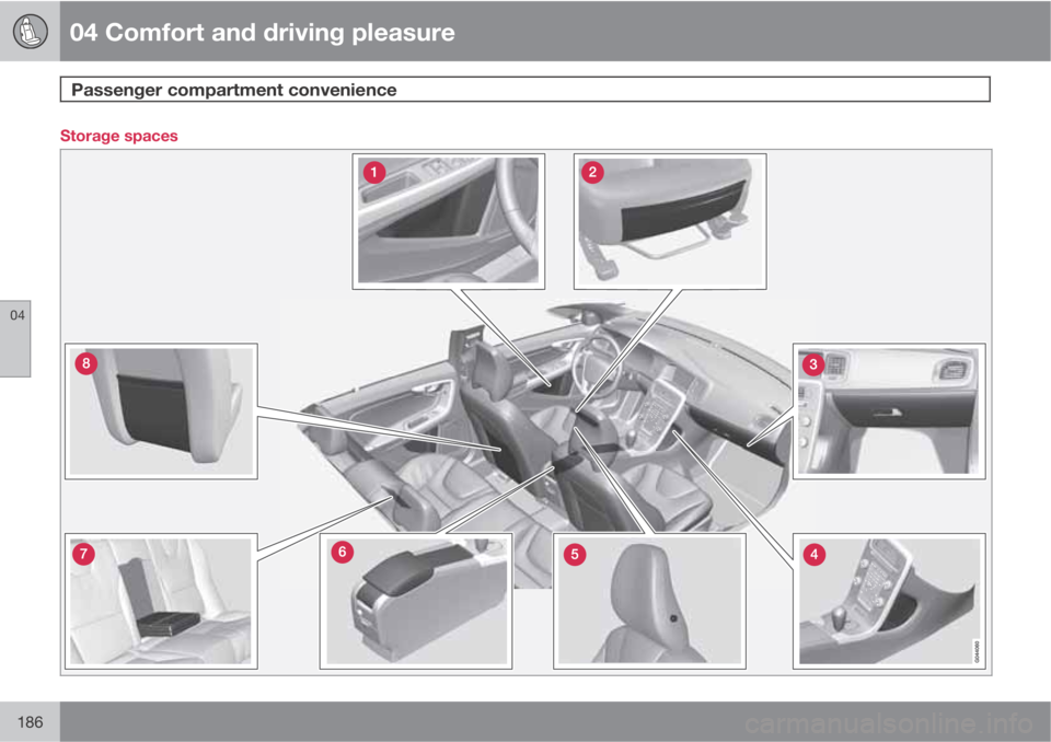 VOLVO S60 2011  Owner´s Manual 04 Comfort and driving pleasure
Passenger compartment convenience 
04
186
Storage spaces 