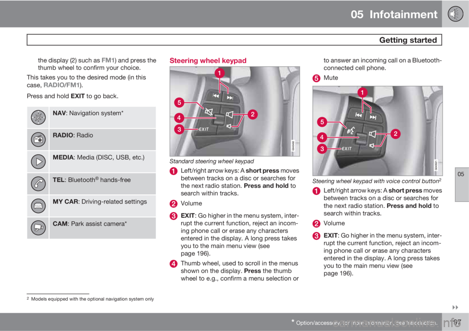 VOLVO S60 2011  Owner´s Manual 05  Infotainment
 Getting started
05

* Option/accessory, for more information, see Introduction.197
the display (2) such as FM1) and press the
thumb wheel to confirm your choice.
This takes you to 