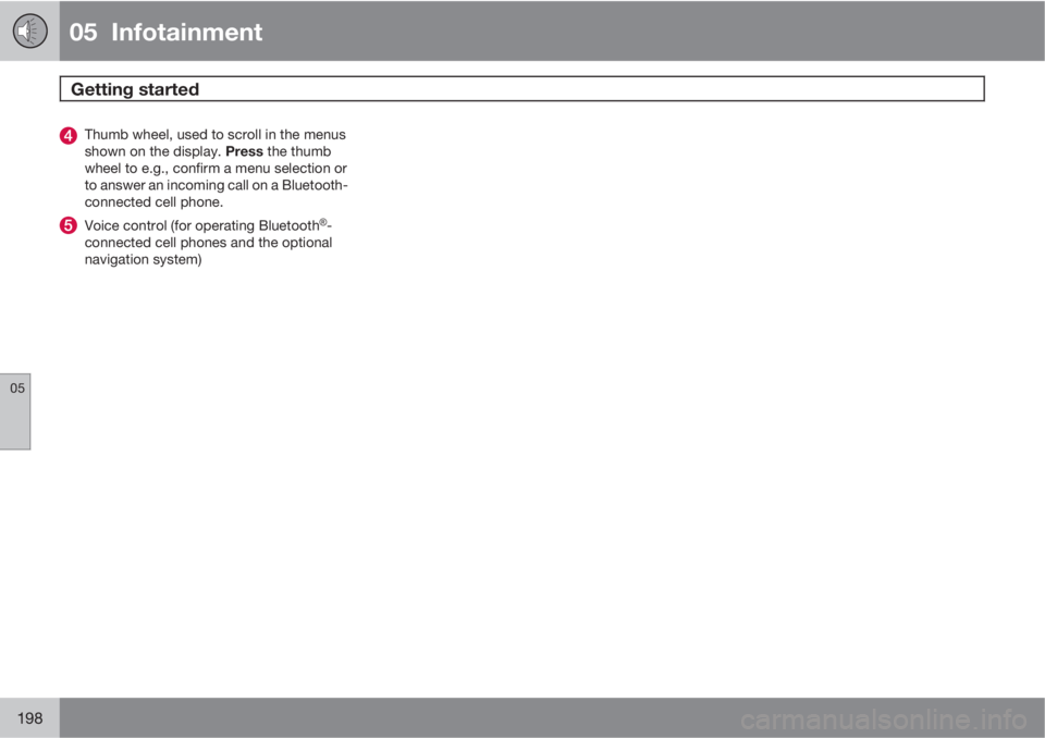VOLVO S60 2011  Owner´s Manual 05  Infotainment
Getting started  
05
198
Thumb wheel, used to scroll in the menus
shown on the display. Press the thumb
wheel to e.g., confirm a menu selection or
to answer an incoming call on a Blue