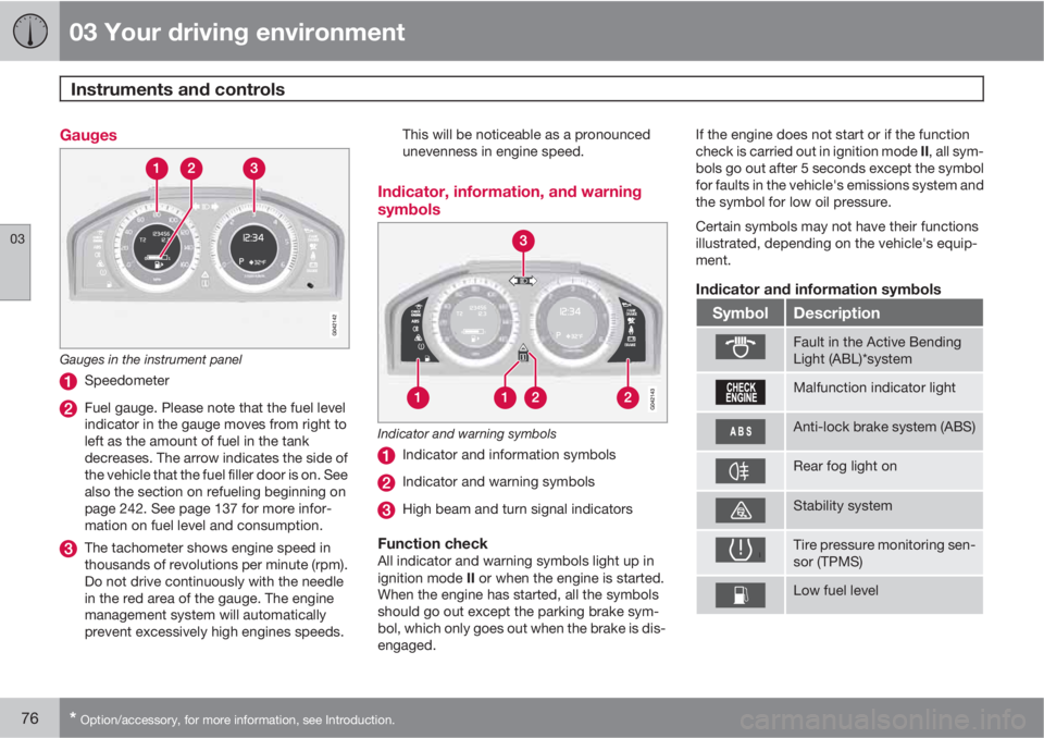 VOLVO S60 2011  Owner´s Manual 03 Your driving environment
Instruments and controls 
03
76* Option/accessory, for more information, see Introduction.
Gauges
Gauges in the instrument panel
Speedometer
Fuel gauge. Please note that th